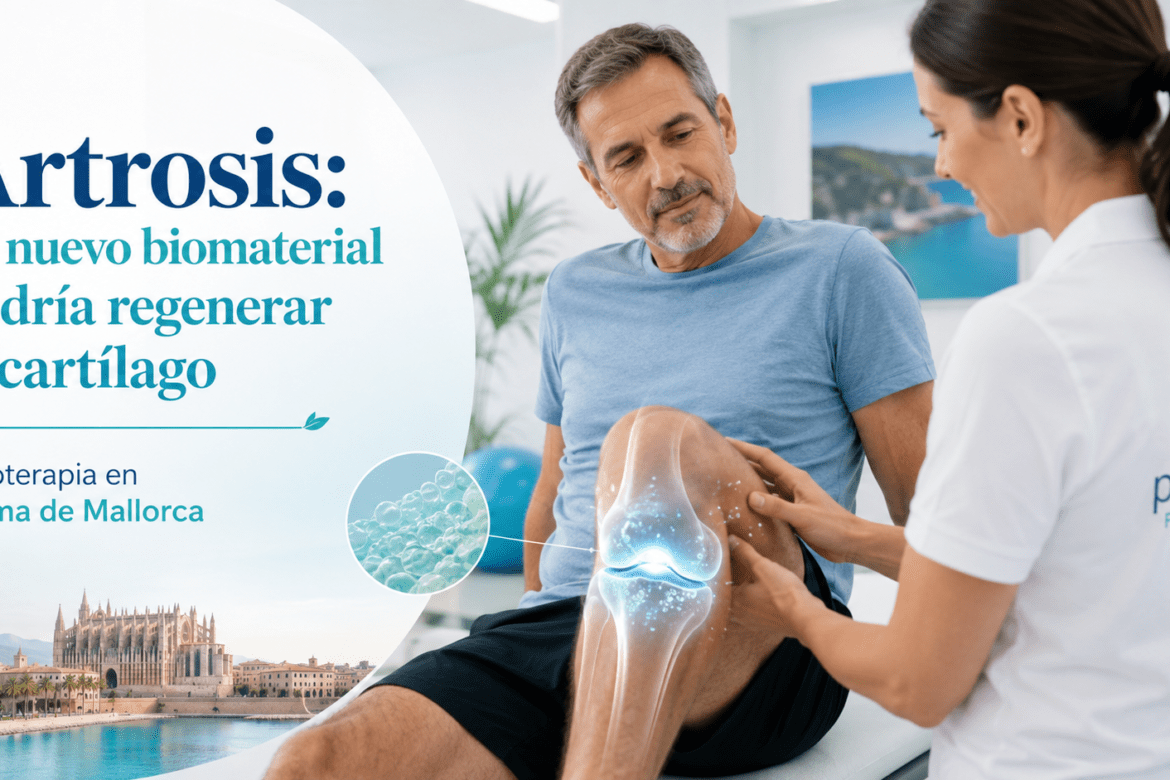 Fisioterapeuta valorando una rodilla con artrosis en Palma de Mallorca y representación de regeneración de cartílago